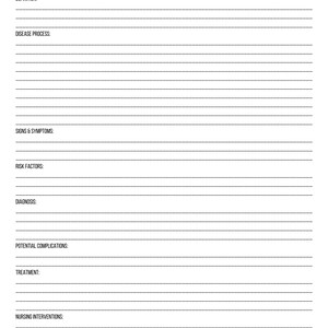 Könnte beinhalten: Ein leeres, druckbares Arbeitsblatt zum Studium der Pathophysiologie. Das Arbeitsblatt enthält Abschnitte für Bedingung/Diagnose, Definition, Krankheitsprozess, Symptome, Risikofaktoren, Diagnose, mögliche Komplikationen, Behandlung, Pflegeinterventionen und Pflegediagnose.