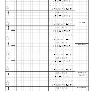Könnte beinhalten: Ein schwarz-weißer Wochenplaner mit einem Rasterlayout. Der Planer hat einen Abschnitt für jeden Tag der Woche, von Montag bis Sonntag. Jeder Tag hat einen Abschnitt für Aufgaben, Notizen und einen Stimmungs-Tracker. Der Stimmungs-Tracker enthält Symbole für fröhliche, neutrale und traurige Gesichter sowie Symbole für Sonnenschein, Wolken, Regen und einen Regenschirm. Es gibt auch Abschnitte für "Zu tun", "Nächste Woche", "Gehirnentleerung", "Höhepunkt der Woche" und "Zitat der Woche".