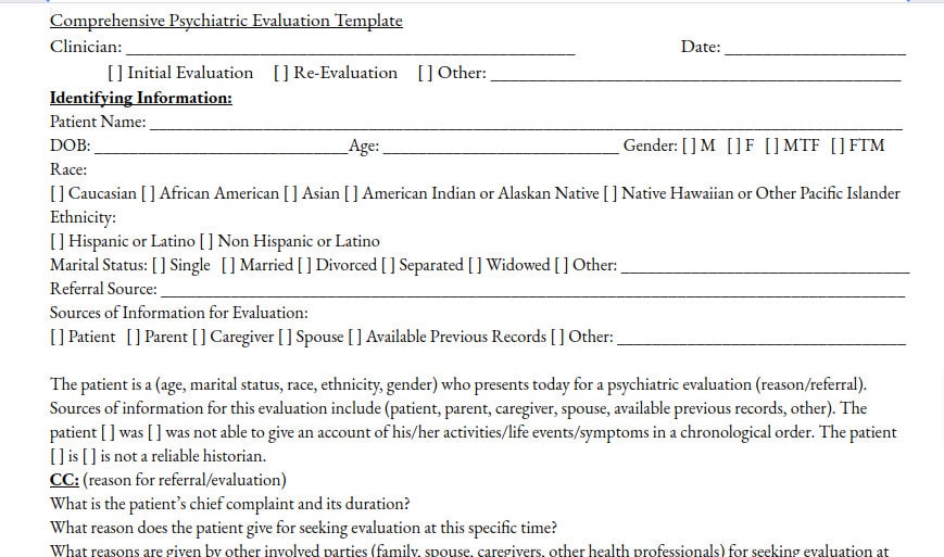 Comprehensive Psychiatric Evaluation Digital Printable Etsy