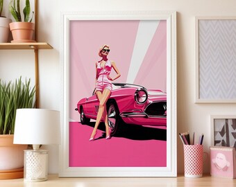 Stylish Woman in Pink Dress with Pink Car | Barbie-Inspired Digital Artwork | Perfect for Modern and Chic Home Decor | Instant Download