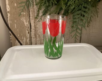 Vintage Juice Glass Red Tulip Print Swanky Swig Tiny Glass Potted ...