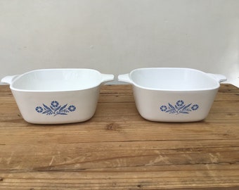 Corning Ware Blue Corn Flower Small Pan Casserole Dish. 2 3/4 Cup. Made in USA. Set of Two