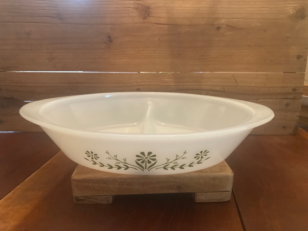 Vintage Glasbake Divided Oval Serving Baking Dish With Primrose Green