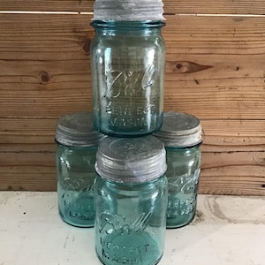 Vintage Blue Ball Jars with Zinc Lids. Pint Jars. Set of Four (4)