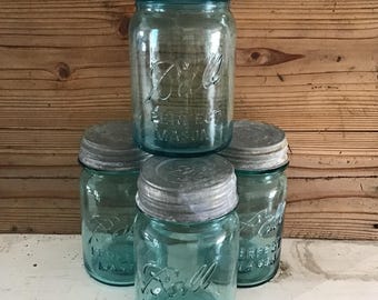 Vintage Blue Ball Jars with Zinc Lids. Pint Jars. Set of Four (4)