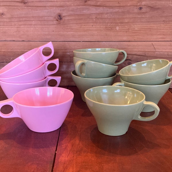 Vintage sets of pink and sets of green melmac coffee/tea cups