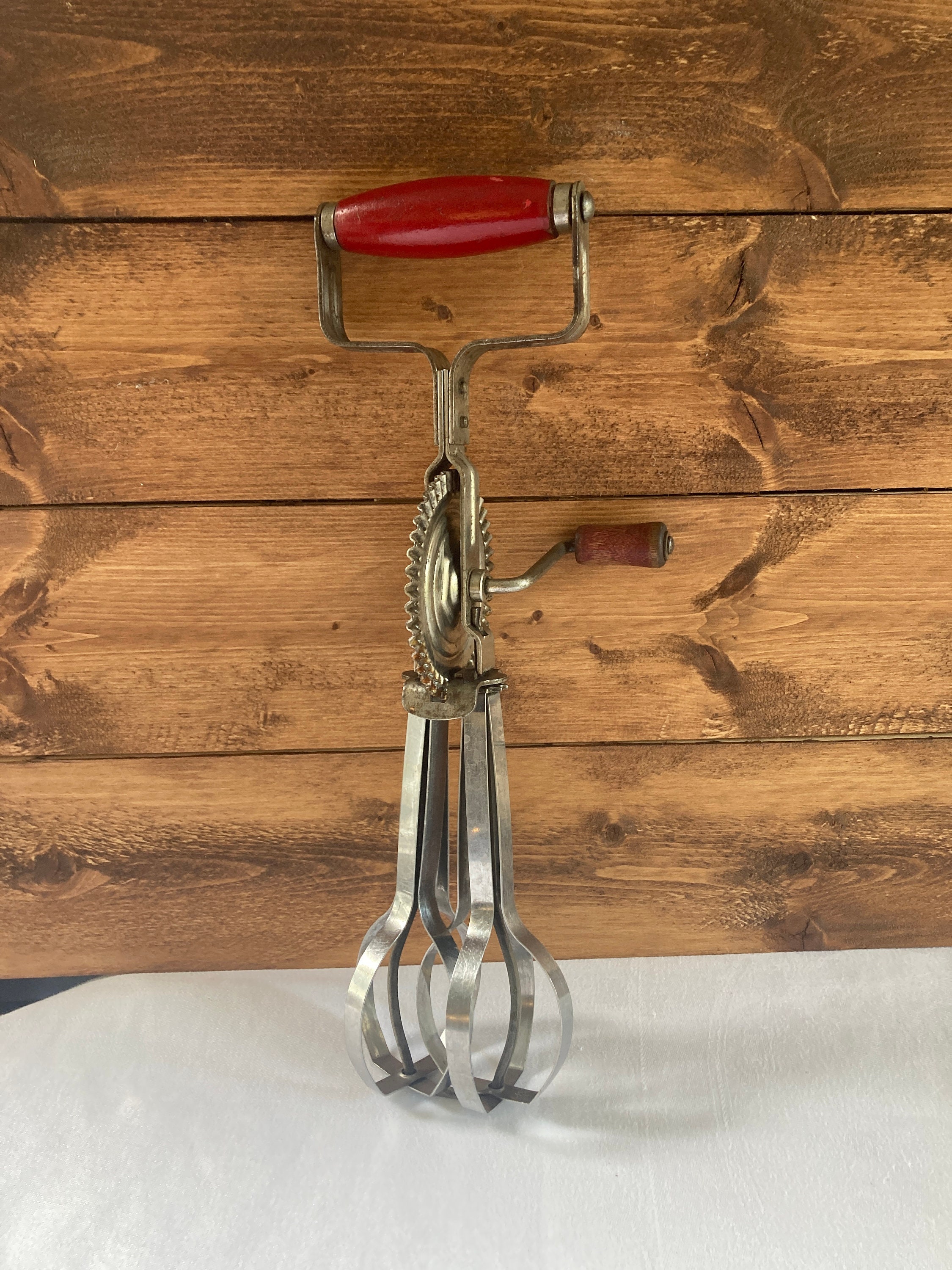 Vintage Androck Egg Beater Manual Hand Mixer Red Wooden Handles