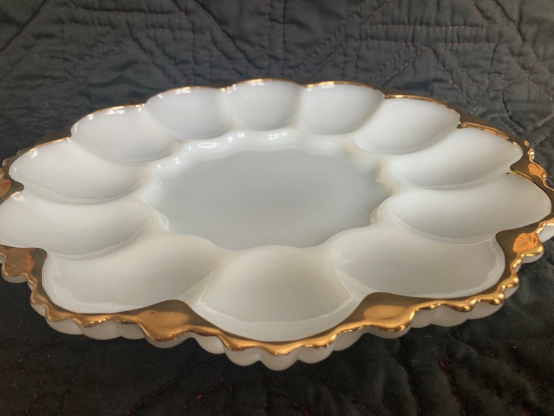 Vintage Milk Glass Egg Tray Deviled Egg Tray Gold Trim Etsy