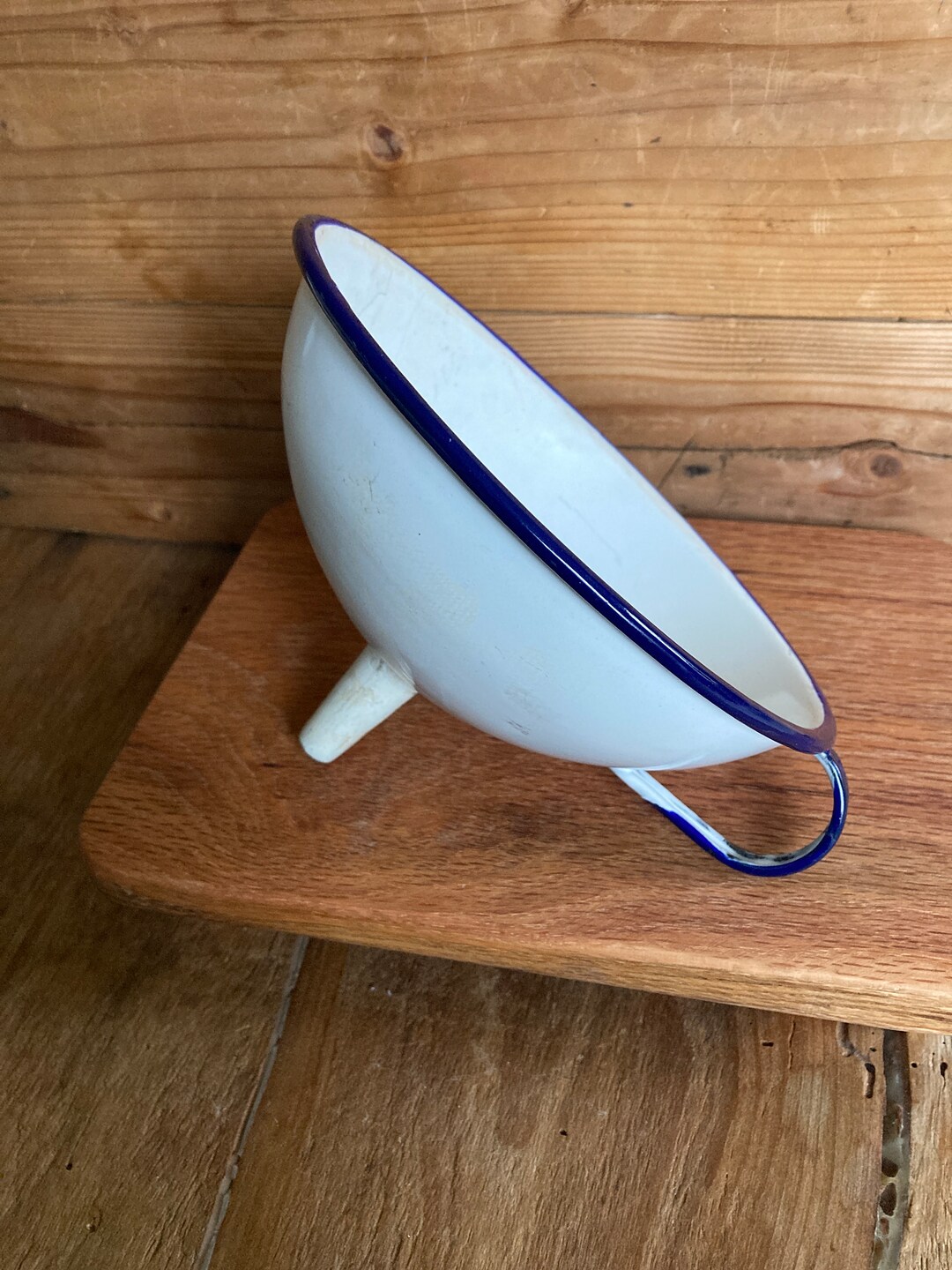 Vintage Large Porcelain Funnel White With Blue Trim Etsy
