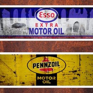 May include: A vintage Esso Extra Motor Oil sign, featuring a blue, white, and red design with a distressed appearance. The Esso logo is central, with "EXTRA MOTOR OIL" below. The sign is set against a rusty brown background, evoking a classic aesthetic.