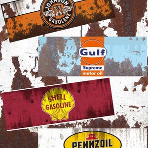 May include: A collage of vintage-style signs featuring classic oil and gasoline brands. The signs include "Johnson Gasoline," "Gulf Supreme motor oil," "Shell Gasoline," and "Pennzoil." The signs are set against a distressed, rusty background, evoking a retro aesthetic.