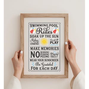 May include: A framed sign with the text "Swimming Pool Rules" in black and white lettering. The sign also includes illustrations of beach balls, a sun, and a wave. The text on the sign reads: "Soak up the sun, Relax and unwind, Laugh and play, Make memories, No running, pushing, peeing, Hang your wet towels, Wear your sunscreen, Be grateful for each day."