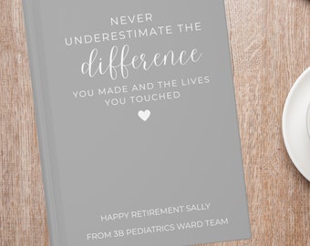 May include: A grey card with the text "NEVER UNDERESTIMATE THE difference YOU MADE AND THE LIVES YOU TOUCHED" in white. The card also has the text "HAPPY RETIREMENT SALLY FROM 3B PEDIATRICS WARD TEAM" in white.