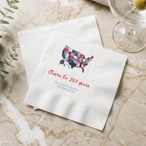 United States FAUX Patchwork 4th July Napkin Personalized Cocktail Napkins for 250 years Party Decor Patriotic USA Party Napkin America