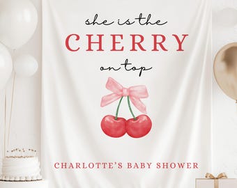 Cherry On Top Baby Shower Sign, Pink Bow Decorations, Minimalist Coquette Grandmillenial Baby Shower Sign, Stripes Baby Shower Backdrop