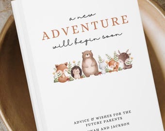Woodland Baby Shower Guest Book, Wishes for Baby New Adventure Will Begin Soon, Baby Decor Custom Guestbook Gender Reveal Advice For Parents