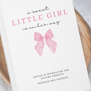Pink Gingham Bow Baby Shower Guest Book, Wishes for Baby, Little Girl Is On The Way Baby Shower Decor Custom Coquette Personalized Name