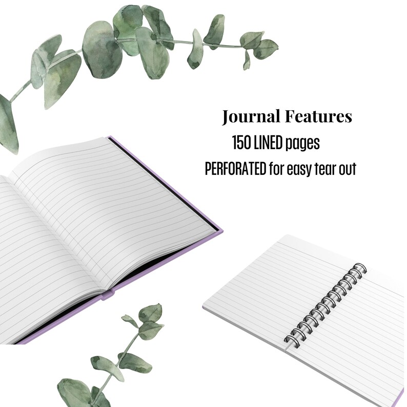 Peut inclure: Un journal violet avec 150 pages lign&eacute;es. Les pages sont perfor&eacute;es pour un arrachage facile. Le journal est ouvert pour montrer les pages lign&eacute;es. Le journal est sur un fond blanc avec des feuilles d'eucalyptus.