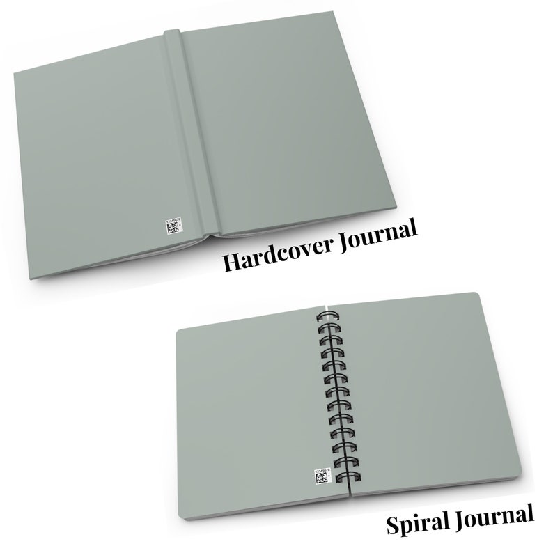 May include: Two journals, one with a hardcover and one with a spiral binding. Both are a light gray color and have a small QR code on the cover. The hardcover journal has the text "Hardcover Journal" below it, and the spiral journal has the text "Spiral Journal" below it.