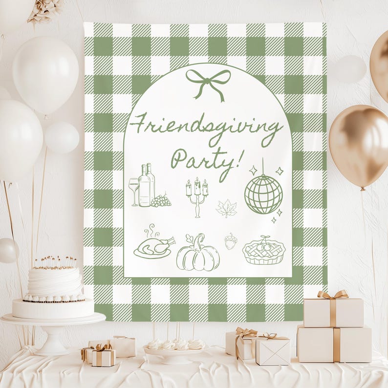 FRIENDSGIVING Party Banner Welcome Sign Fall Thanksgiving Potluck Sign Hand Drawn Holiday Dinner Party for Friends Thanksgiving Pumpkin image 1