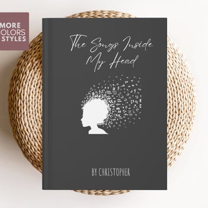Könnte beinhalten: Ein grauer Buchumschlag mit dem Titel "The Songs Inside My Head" in weißer Kursivschrift. Eine weiße Silhouette eines Menschenkopfes mit Musiknoten, die aus ihm herauskommen, befindet sich in der Mitte des Umschlags. Der Name des Autors, "By Christopher", ist unten auf dem Umschlag in Weiß gedruckt.