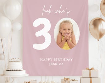 30th Birthday Banner Personalized Photo and Year Custom Welcome Sign with Picture Vintage Est 1996 Birthday Photo Backdrop For Her Women