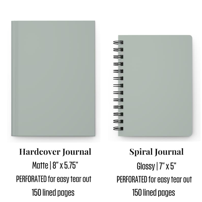 Peut inclure: Deux journaux, un reli&eacute; et un &agrave; spirale. Le journal reli&eacute; est mat et mesure 20,3 cm x 14,6 cm. Le journal &agrave; spirale est brillant et mesure 17,8 cm x 12,7 cm. Les deux journaux sont vert clair et ont des pages perfor&eacute;es pour un d&eacute;chirement facile. Les deux journaux ont 150 pages lign&eacute;es.