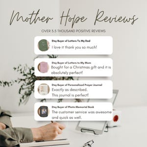 May include: A collage of four customer reviews for a shop called "Mother Hope" on Etsy. The reviews are positive and highlight the quality of the products and customer service. The reviews are for a "Letters to My Dad" journal, a "Letters to My Mom" journal, a "Personalized Prayer Journal", and a "Photo Memorial Book".