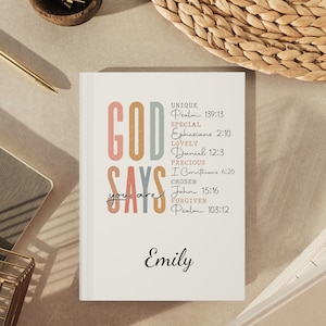 Diario de oración personalizado para mujeres, Diario de oración de mujeres, abuela mamá cristiana, diario de regalos cristianos de hermana, Dios dice que eres diario