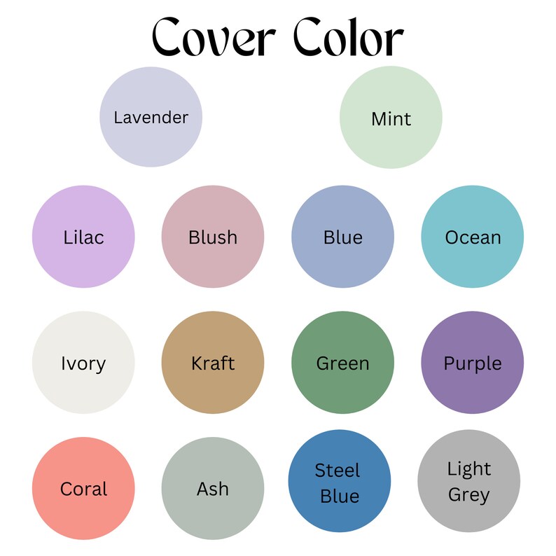 May include: A color chart with 12 different color swatches, each with a text label. The colors include lavender, mint, lilac, blush, blue, ocean, ivory, kraft, green, purple, coral, ash, steel blue, and light grey.