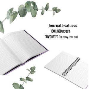 May include: A purple journal with 150 lined pages. The pages are perforated for easy tear out. The journal is open to show the lined pages. The journal is on a white background with eucalyptus leaves.