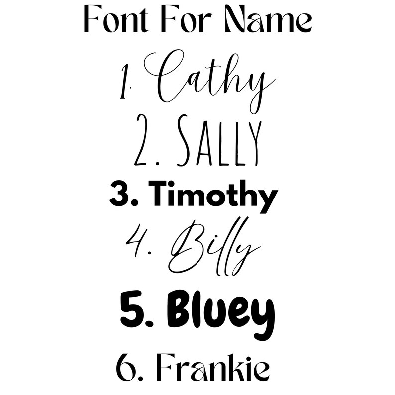 May include: A list of six names written in different fonts. The names are Cathy, SALLY, Timothy, Billy, Bluey, and Frankie.
