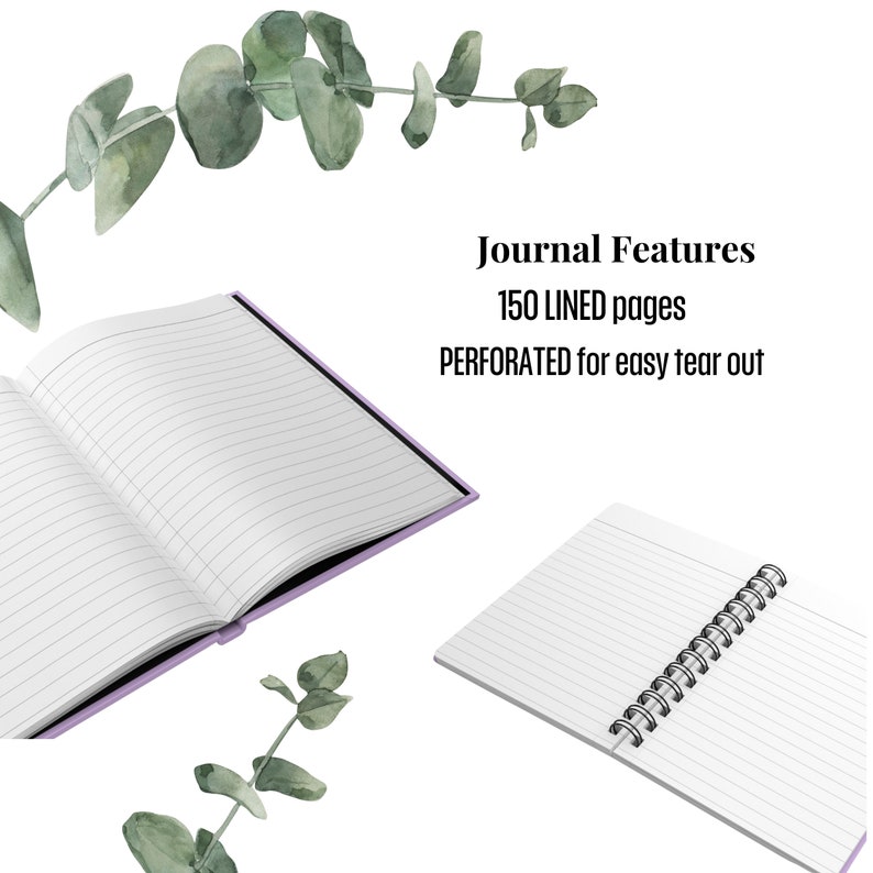 May include: A purple journal with 150 lined pages. The pages are perforated for easy tear out. The journal is open to show the lined pages. The journal is on a white background with eucalyptus leaves.