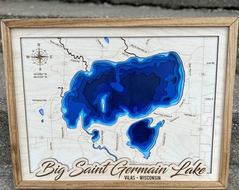 Archivo SVG del lago Big St. Germain para láseres, mapa del lago SVG, mapa de Glowforge SVG, archivo de corte de mapa láser, mapa de profundidad del lago SVG, regalo de boda,
