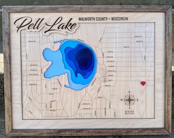 Archivo SVG del mapa del lago Pell para láseres, mapa del lago SVG, mapa de Glowforge SVG, archivo de corte de mapa láser, mapa de profundidad del lago SVG, regalo de boda, playa SVG