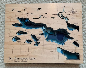 Archivo SVG del lago Big Basswood de Canadá para láseres, mapa del lago SVG, mapa de Glowforge SVG, archivo de corte de mapa láser, mapa de profundidad del lago SVG, mapa de profundidad del lago