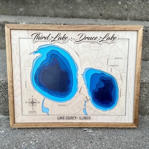 Derde meer/Druce Lake Illinois svg-bestand voor lasers, kaart van het meer Svg, Glowforge kaart svg, laserkaart gesneden bestand, kaart van de diepte van het meer svg, huwelijkscadeau,