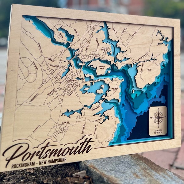 Portsmouth New Hampshiresvg file for lasers, Lake map Svg, Glowforge map svg, laser map cut file, lake depth map svg, Lake Depth map