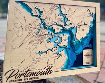 Portsmouth New Hampshiresvg file for lasers, Lake map Svg, Glowforge map svg, laser map cut file, lake depth map svg, Lake Depth map