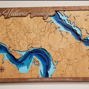 VIRGINIA HISTORIC TRIANGLE svg file for lasers, Lake map Svg, Glowforge map svg, laser map cut file, lake depth map svg, Lake Depth map