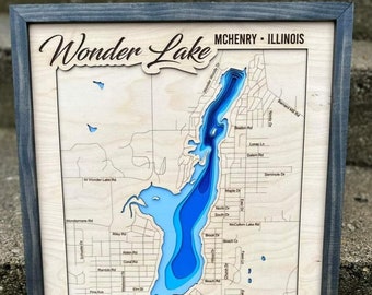 Wonder lake Illinois svg file for lasers, Lake map Svg, Glowforge map svg, laser map cut file, lake depth map svg, wedding gift,
