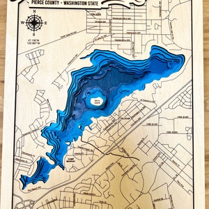 American Lake Washington State svg file for lasers, Lake map Svg, Glowforge map svg, laser map cut file, lake depth map svg, Lake Depth map
