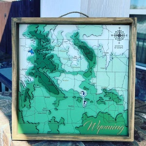 Wyoming svg-bestand voor lasers, topografische kaart, kaart van het meer Svg, Glowforge kaart svg, kaart van de diepte van het meer svg, huwelijkscadeau,