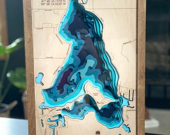 Archivo SVG del lago Coldwater Michigan para láseres, mapa del lago SVG, mapa de Glowforge SVG, archivo de corte de mapa láser, mapa de profundidad del lago SVG, regalo de boda,