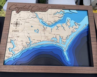 Archivo SVG de Crystal Coast, Carolina del Norte, para láseres, mapa del lago SVG, mapa de Glowforge SVG, archivo de corte de mapa láser, mapa de profundidad del lago SVG, regalo de boda