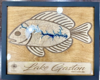 Fish layout of lake gaston map svg file for lasers, Lake map Svg, Glowforge map svg, laser map cut file, lake depth map svg, wedding gift,