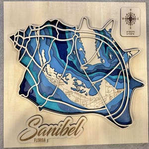 Sanibel Island Florida SVG-Datei für Laser, Lake Map SVG, Glowforge Karte svg, Laserkarte schneiden Datei, Ozean Themen Design, Muscheln, Aqua Themen
