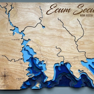 Fichier svg Ecum Secum Canada pour lasers, carte côtière Svg, svg de carte Glowforge, carte laser découpée, carte svg profondeur lac, carte de la baie svg, svg vacances