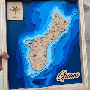 Svg de carte Guam, Svg de carte de lac, Glowforge carte svg, fichier de coupe de carte laser, svg de carte de profondeur de lac, carte de profondeur de lac, carte multicouche