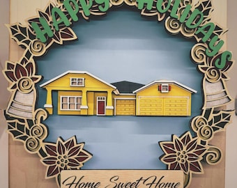 Wreath themed house svg, multilayer house design, Newly Weds gift, New Home owners gift,gift for holidays, Christmas gift for couple, gift